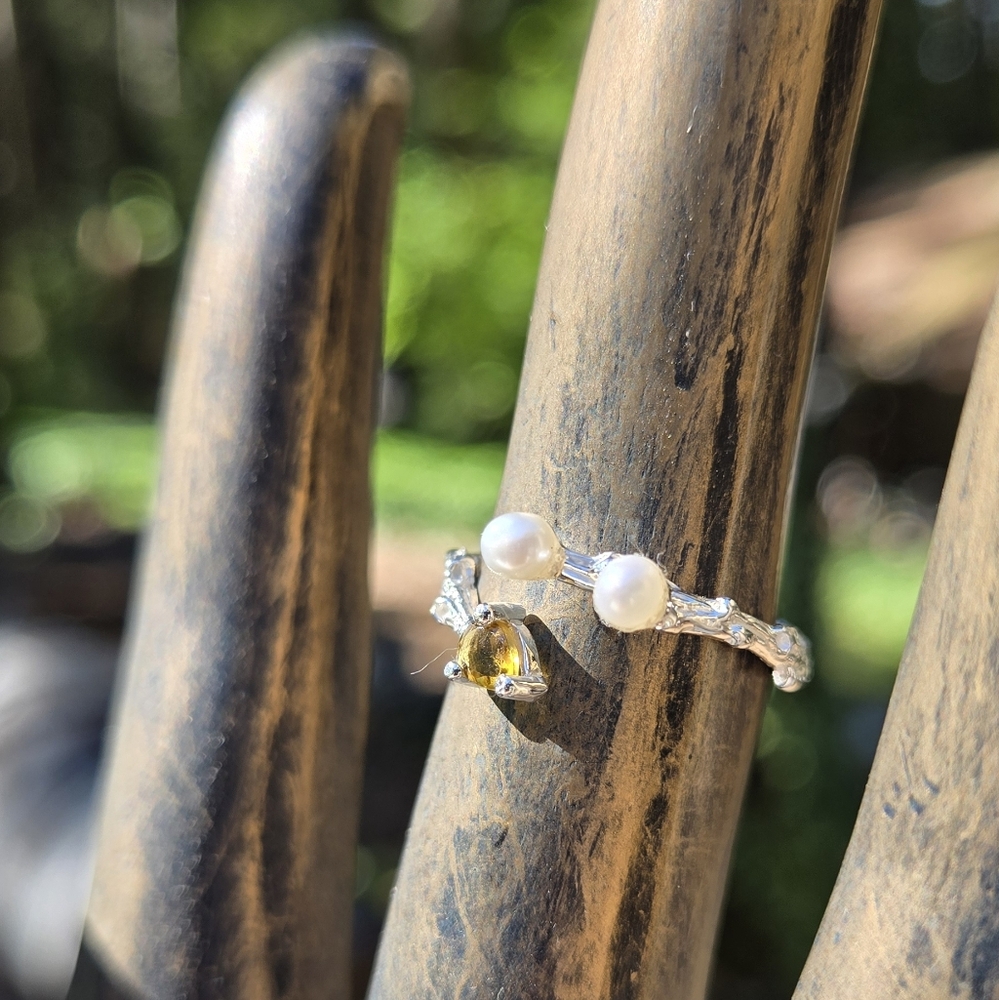 Chic Sterling Ring with Natural Pearl & Tourmaline Gemstine Accents Sz7 - Picture 4 of 8